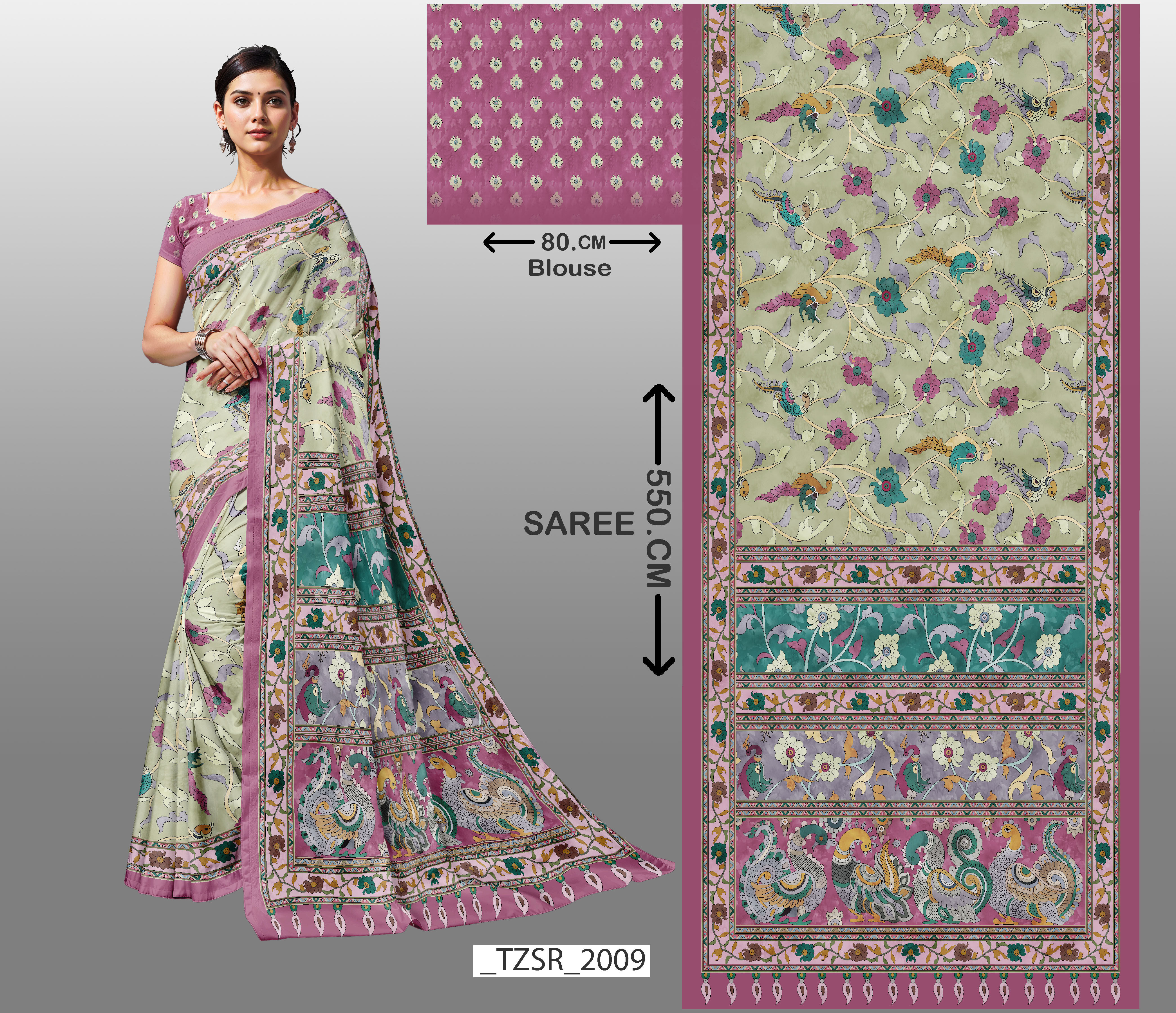 Woman wearing printed saree with Blouse and design, 256_2009, Tanzitex Studio