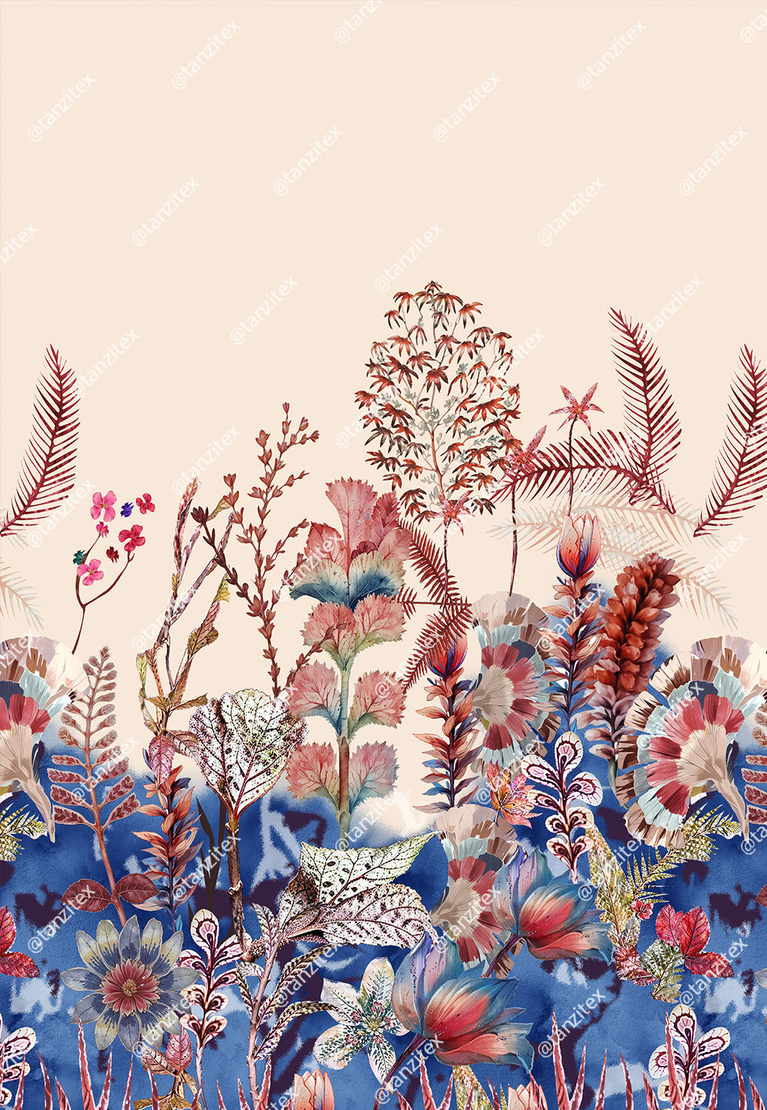Floral border design with red and blue flowers, Tanzitex Studio, beige background.
