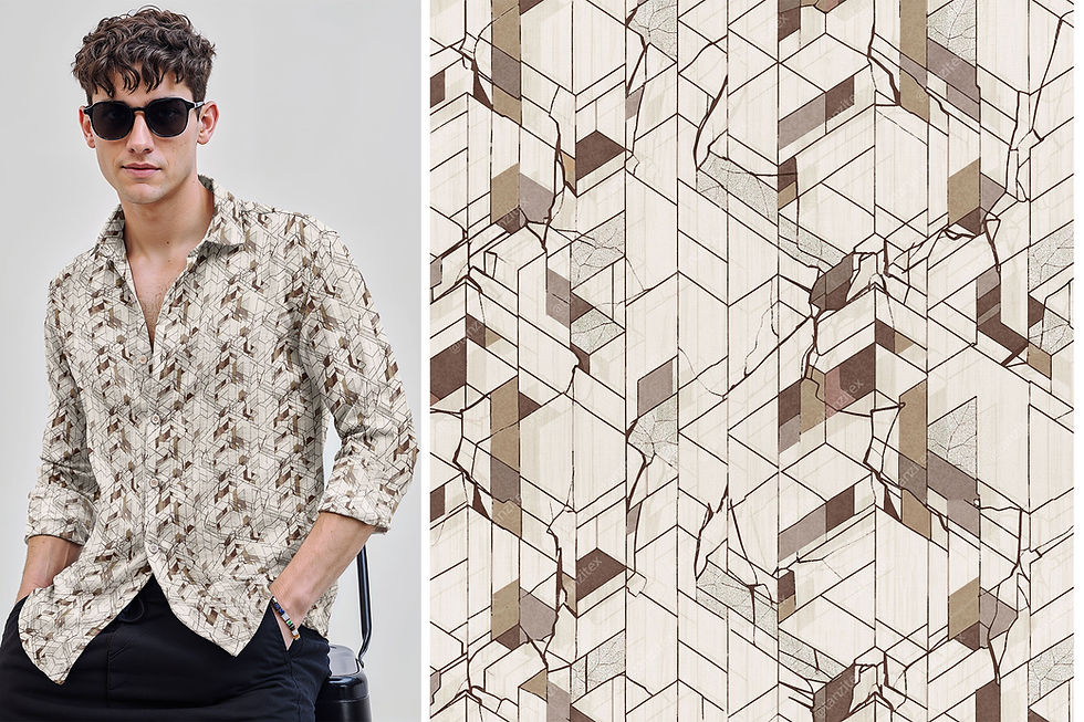 थंबनेल: Man wearing Painterly Camouflage Ink Blot Shirt TZSRT 5294, geometric pattern, fashion, Tanzitex Studio