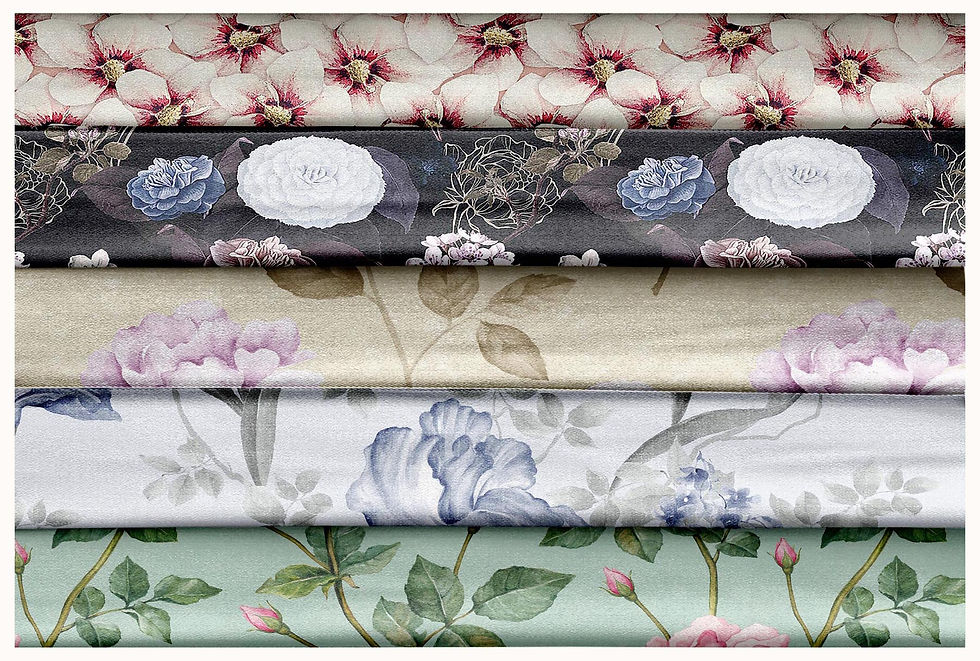 Thumbnail: Floral fabric rolls with various patterns and colors for textile design. Tanzitex Studio
