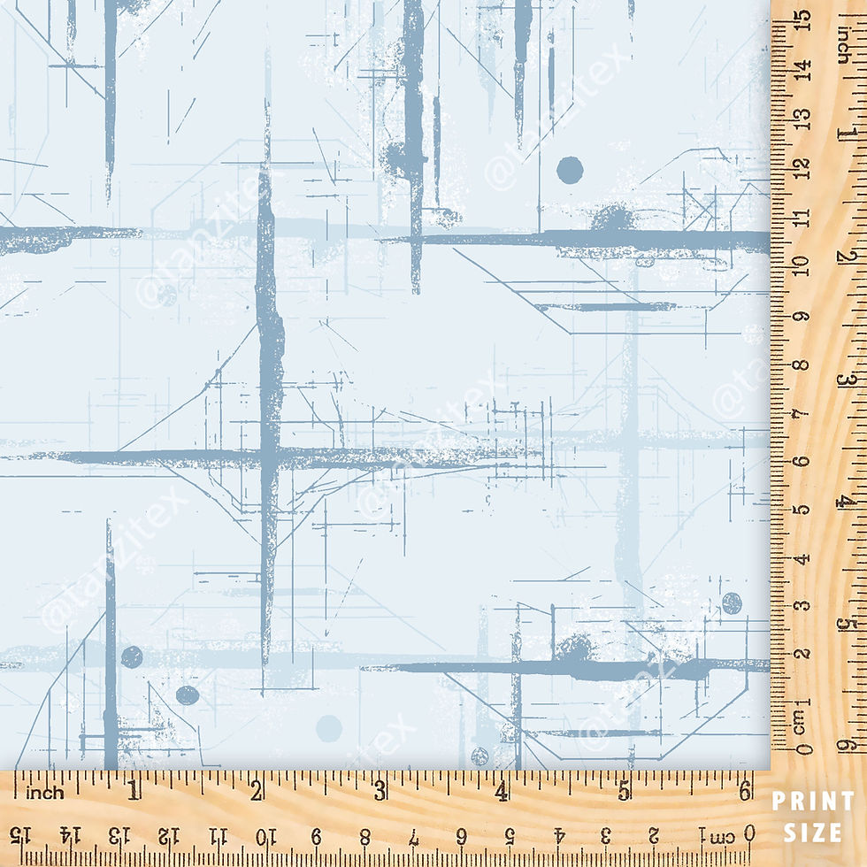 थंबनेल: Abstract blue lines and shapes on white fabric with a ruler. Tanzitex Studio
