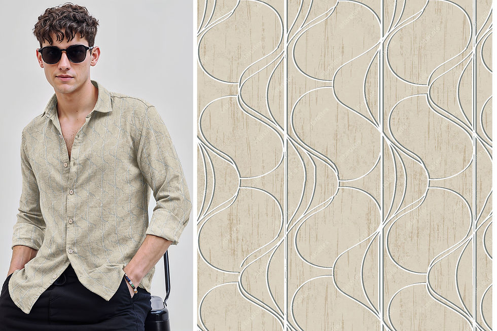 थंबनेल: Man in beige shirt, with a patterned background. Tanzitex Studio