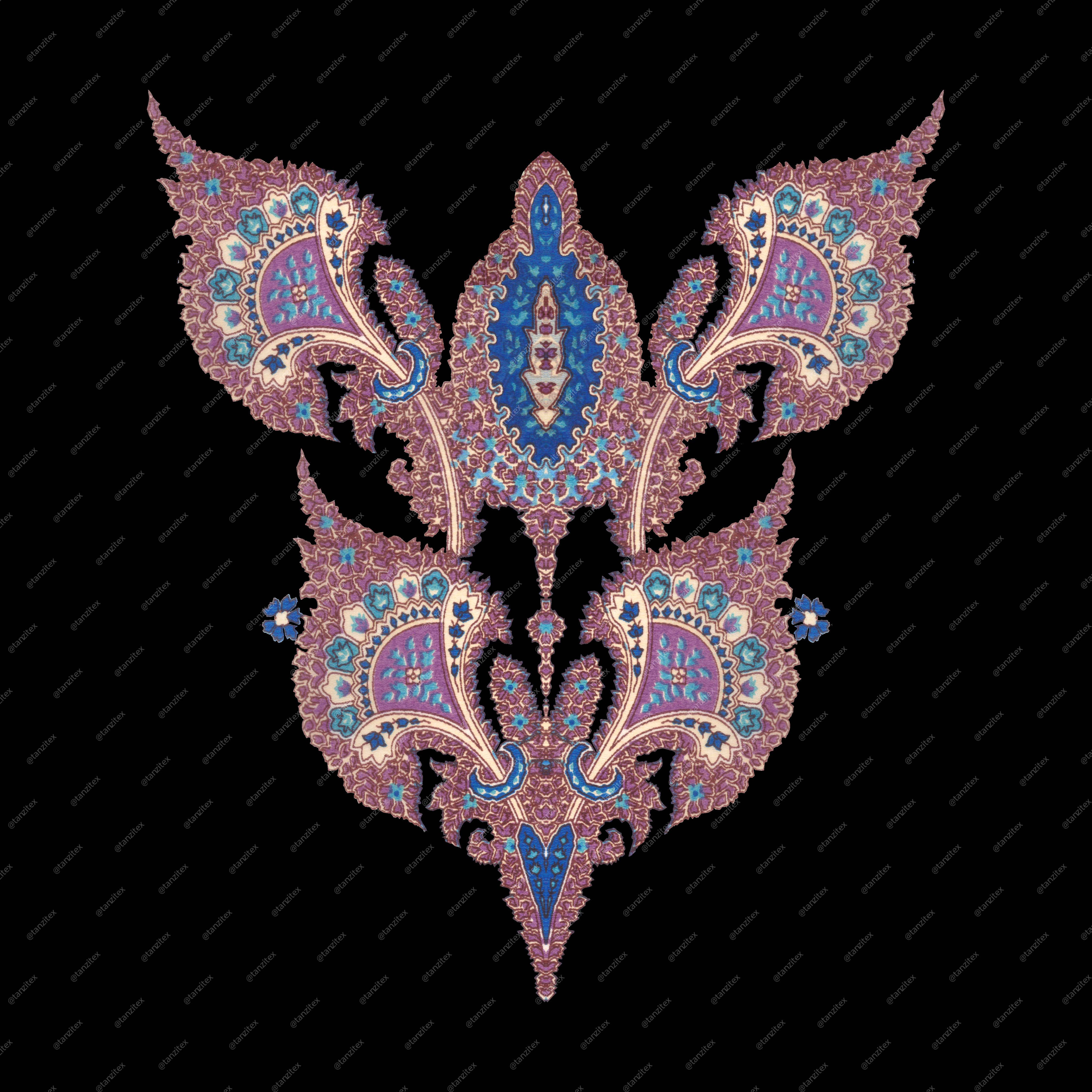 Decorative floral design, pink and blue paisley pattern on black background, Tanzitex Studio