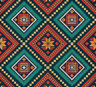 Geometric pattern with colorful diamonds and star shapes on a dark background.