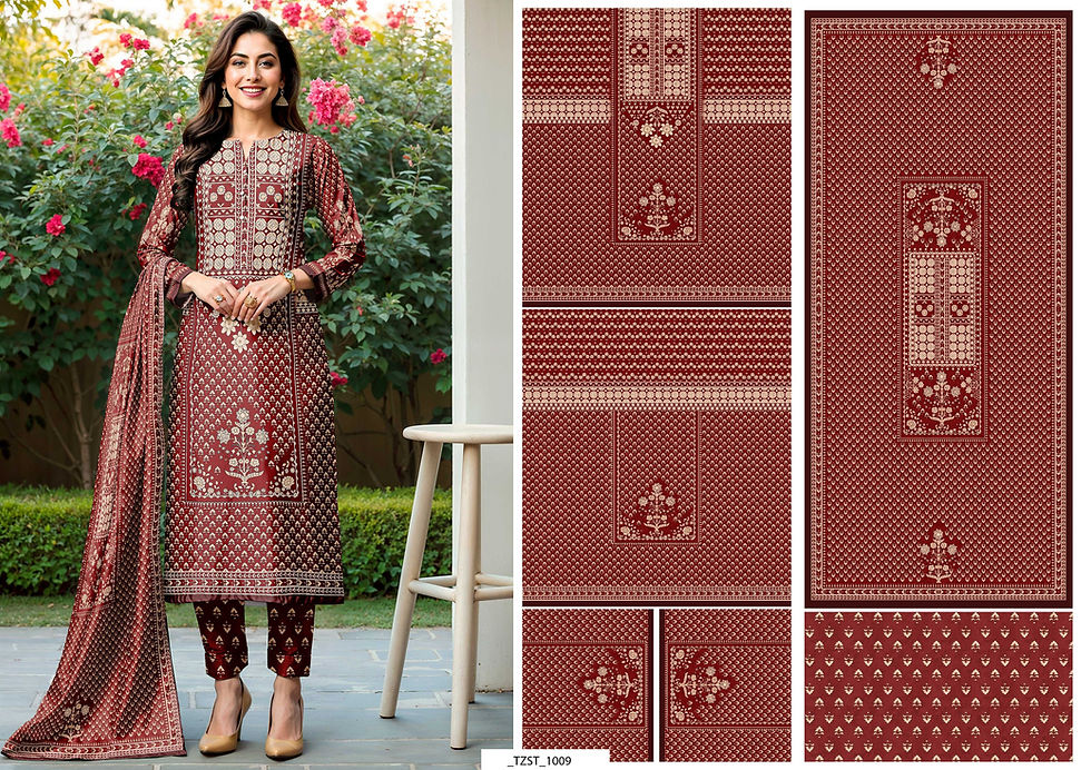 Woman in maroon suit with floral design and matching pants. Tanzitex Studio