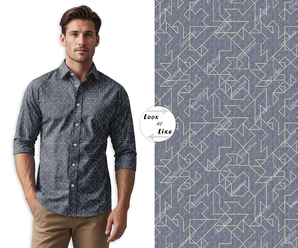 Thumbnail: Man in patterned shirt, beige pants, and geometric background, Tanzitex Studio