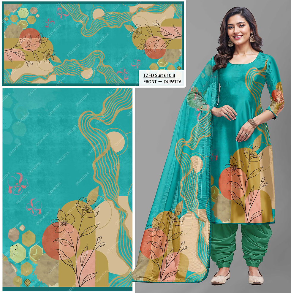 Woman in teal suit with printed dupatta, Tanzitex Studio. Floral design.