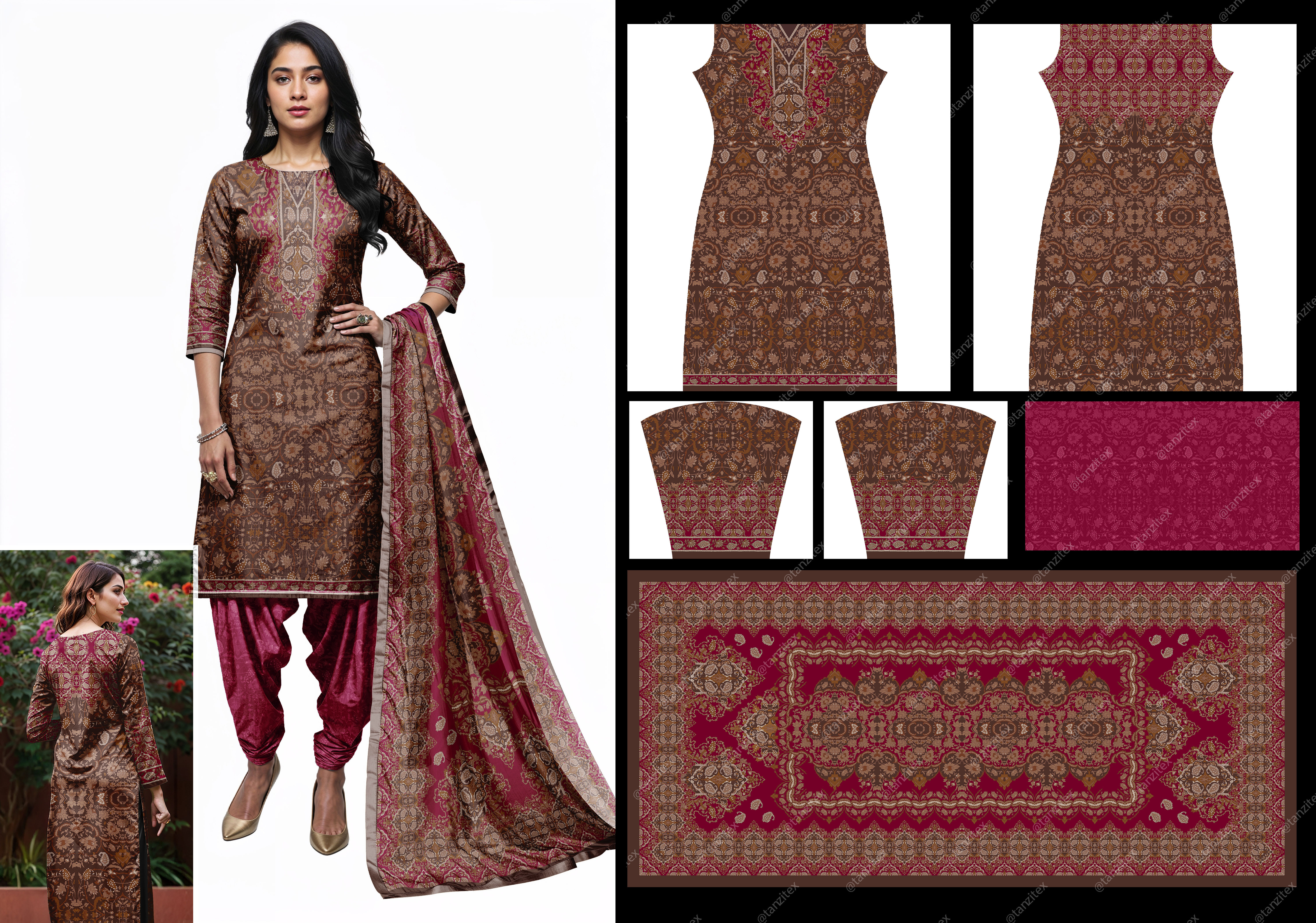 Woman in brown dress with textile design, Tanzitex Studio, fashion.