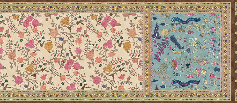 Thumbnail: Floral pattern fabric with cream, pink, and gold colors, Tanzitex Studio design.
