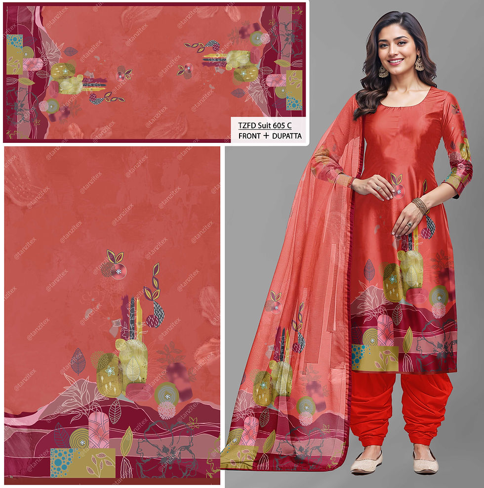 Woman in orange suit with printed dupatta, Abstract Botanical Geo TZFD Suit 605 C. Tanzitex Studio