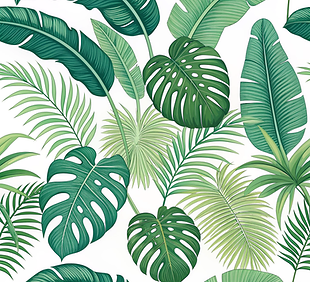 Green tropical leaves pattern on white background, botanical illustration, nature design.