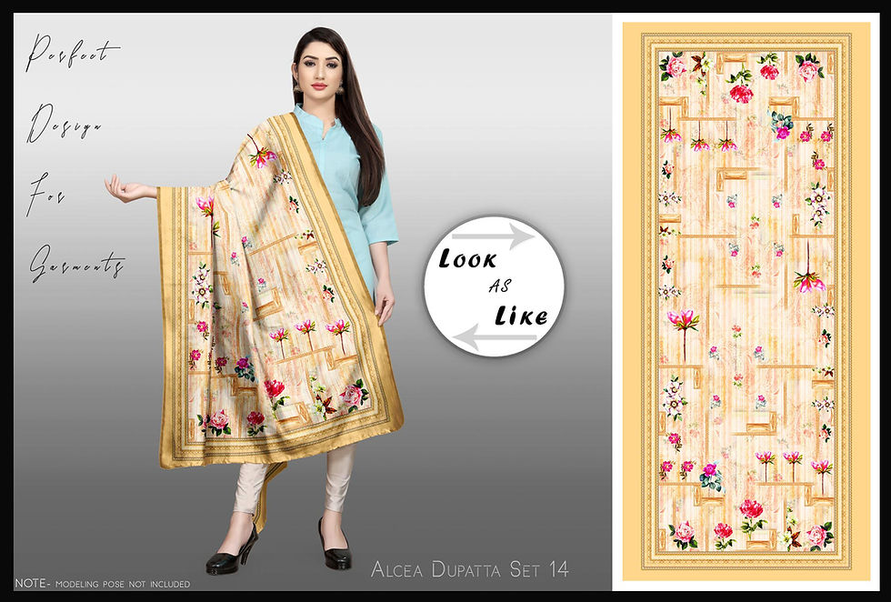 Woman wearing Alcea Dupatta Set 14 – Artistic Floral Digital Dupatta Collection TZDUP 11267 with text: Look at like.