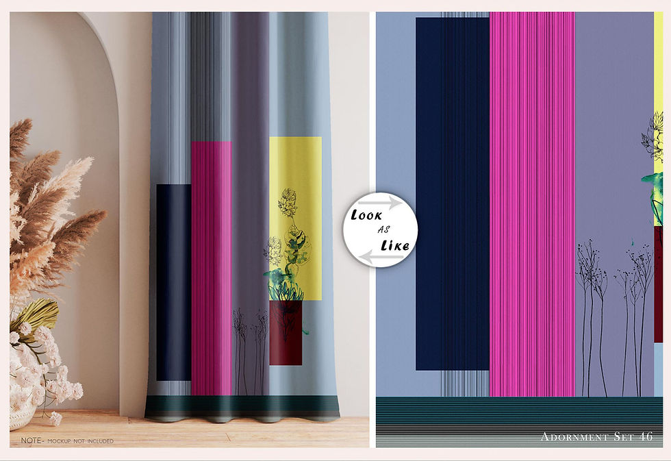 थंबनेल: Modern geometric curtains with yellow, pink, and navy color block design. Look or Else, Tanzitex Studio