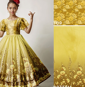 Young girl in gold dress with floral print, Top and Bottom details.