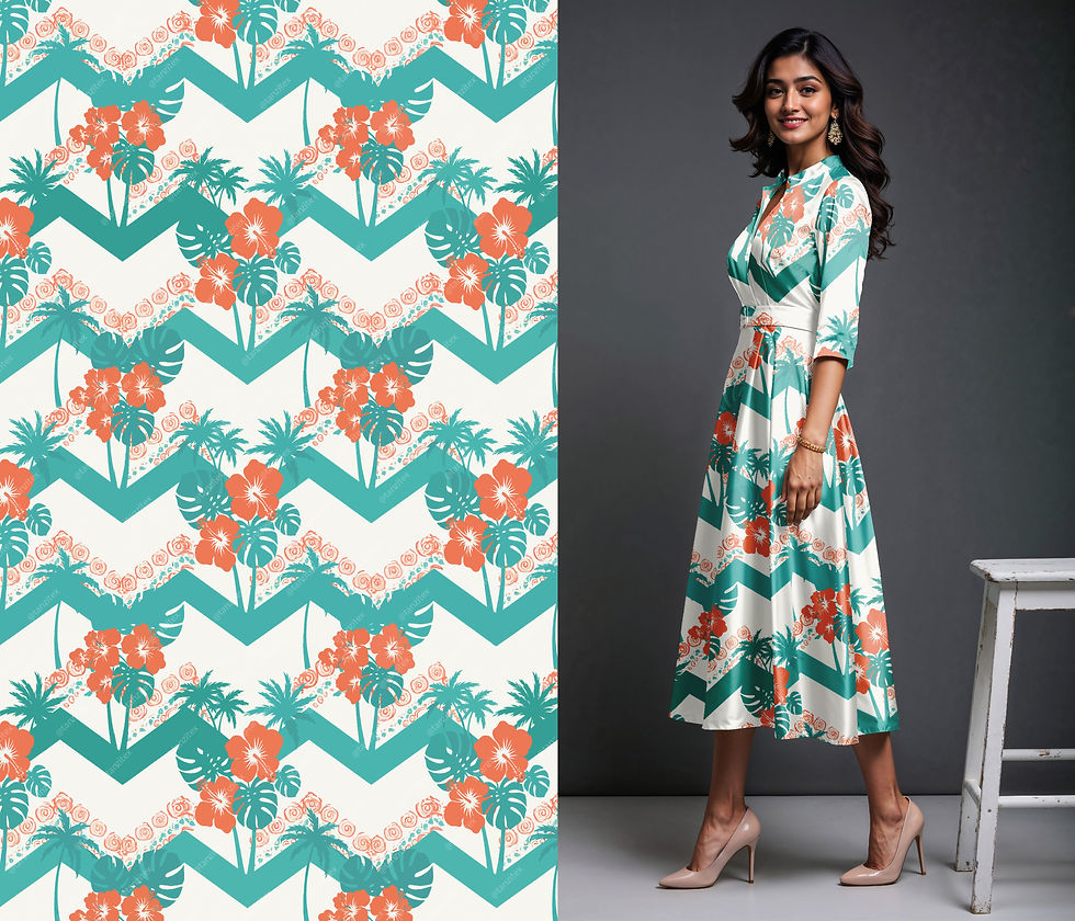 Woman wearing floral dress, next to a patterned fabric. Striped Indigo Ikat Diamond Seamless Digital Print Design TZIK 83