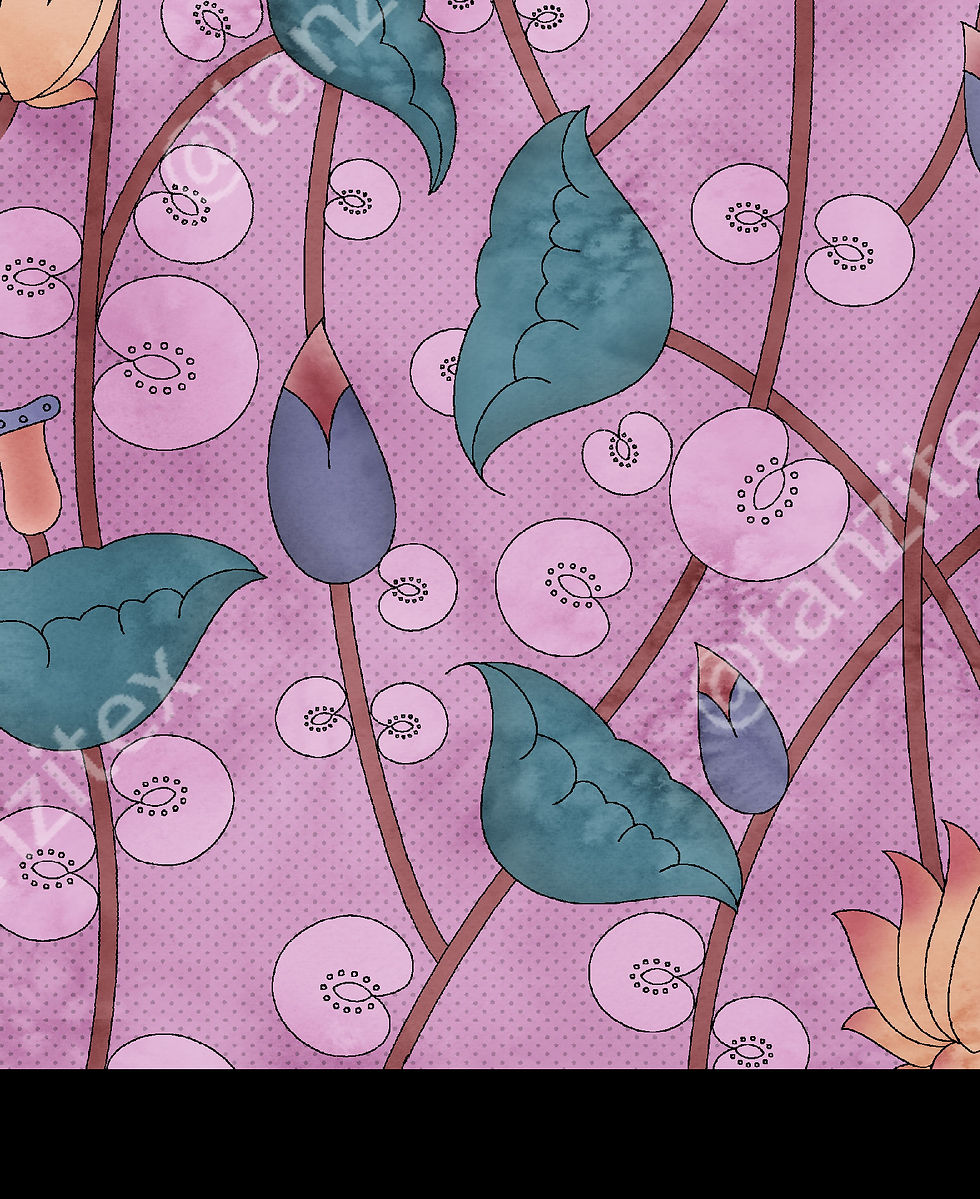 Floral pattern design with leaves and flowers, Tanzitex Studio textile art.