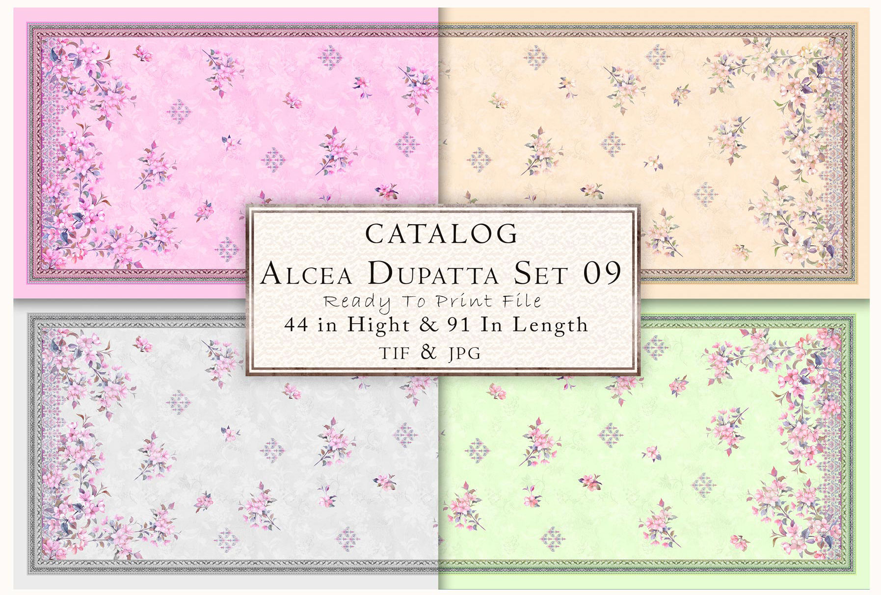 Alcea Dupatta Set 09 catalog image, 44 in high & 91 in length, floral pattern.