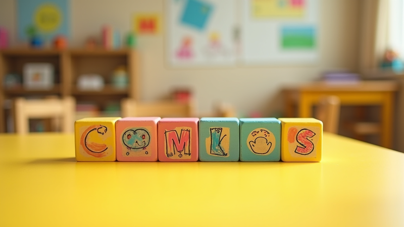 Các khối gỗ xếp chữ COMMOS với hình minh họa trong lớp học.