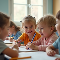 A diverse group of happy children engaging in a fun English learning activity, bright clas