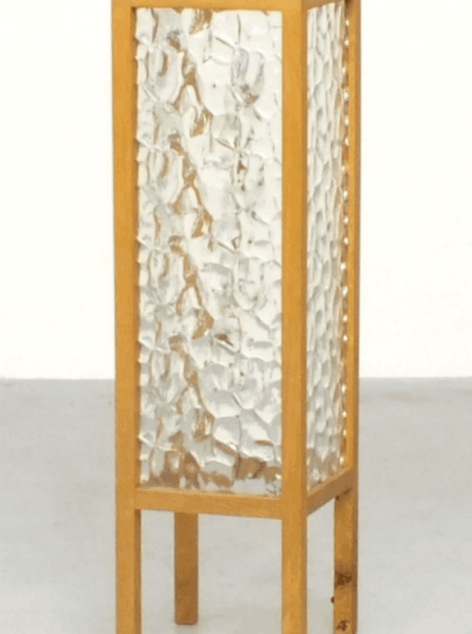 Reclaimed ripple glass column floor lamp with oak spindle frame