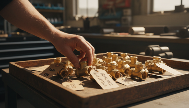 Close-up view of a hand selecting one marked plumbing valve from a tray of similar parts