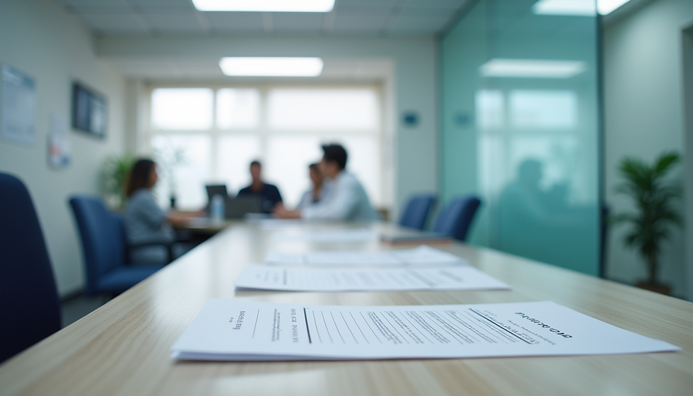 Eye-level view of a specialist medical practice reception area with patient enquiry forms on the desk