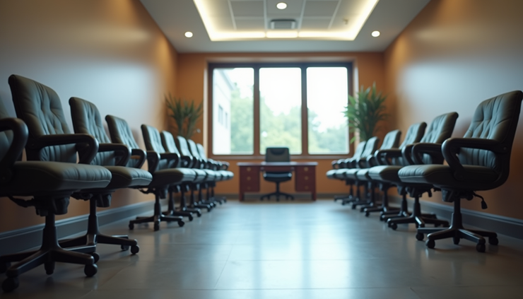 Eye-level view of a legal consultation room with empty chairs and a desk