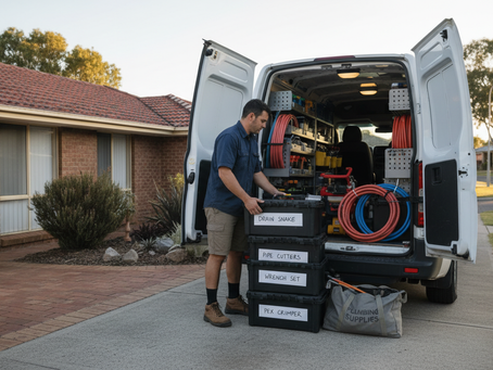 Wide-angle view of a tradesperson loading labelled tools into a van outside a suburban home.
