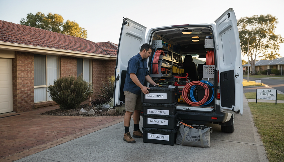 Wide-angle view of a tradesperson loading labelled tools into a van outside a suburban home.