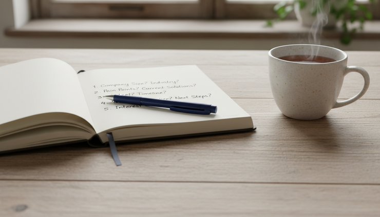 Eye-level view of a notebook with neatly written qualification questions beside a cup of tea