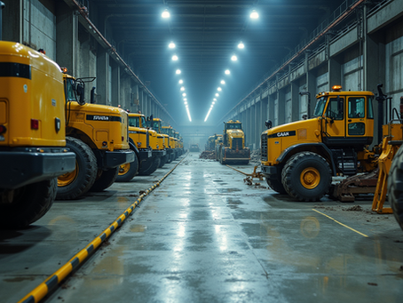 Eye-level view of a mining training facility with machinery and safety equipment