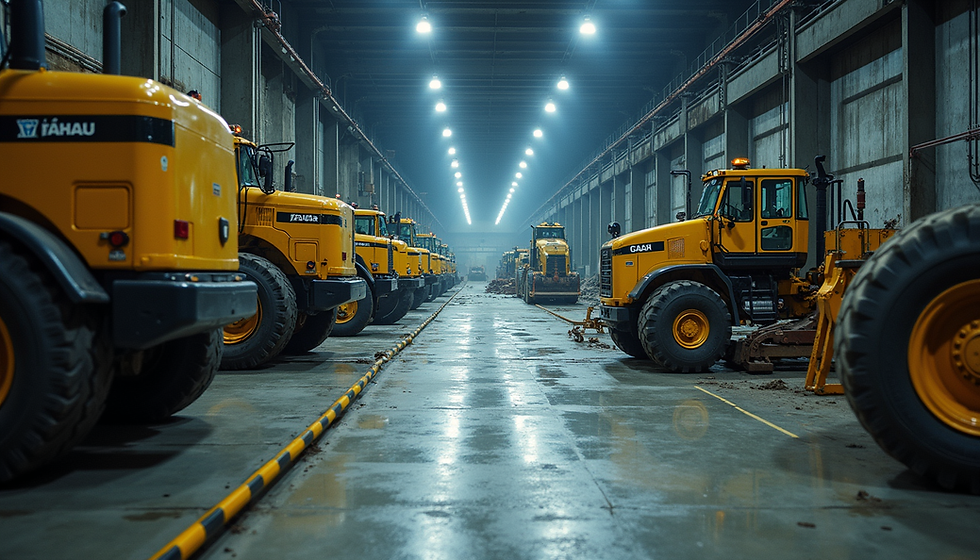 Eye-level view of a mining training facility with machinery and safety equipment