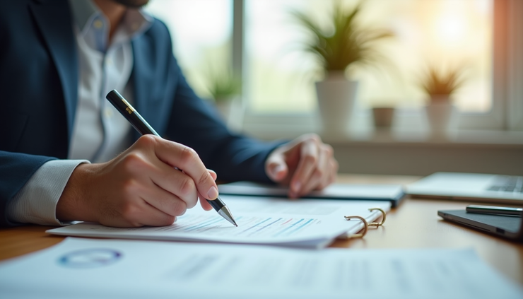Eye-level view of a business advisor reviewing client notes on a desk