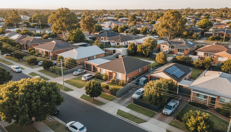 High-angle view of a residential street with varied houses and townhomes.