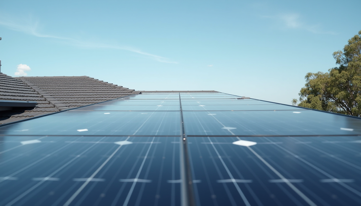 Eye-level view of a solar panel installation on a residential roof in Australia