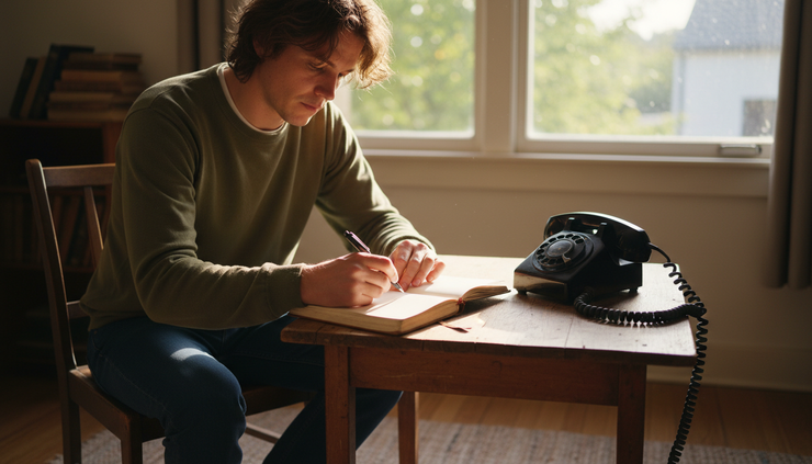Eye-level view of a casual caller writing notes beside a corded telephone at a small timber table.