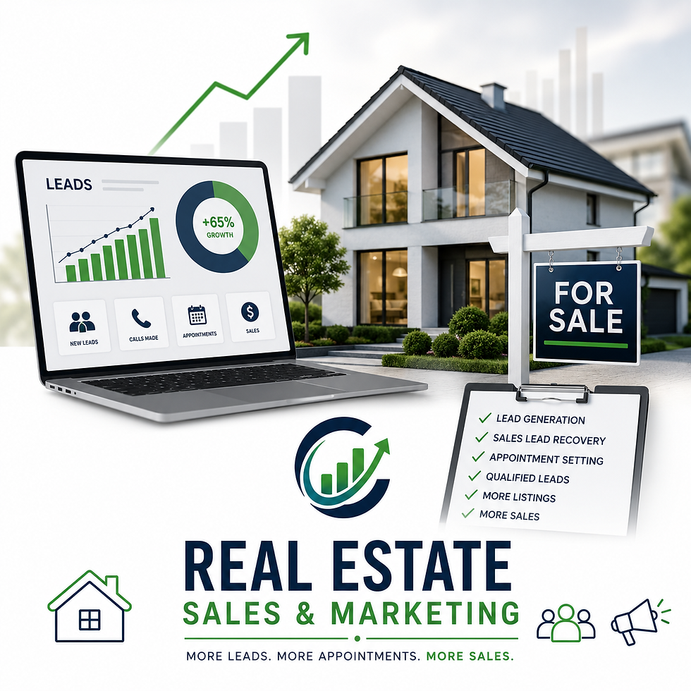 Real estate marketing graphic with house, laptop analytics, FOR SALE sign, and text promoting leads, sales, and appointments.