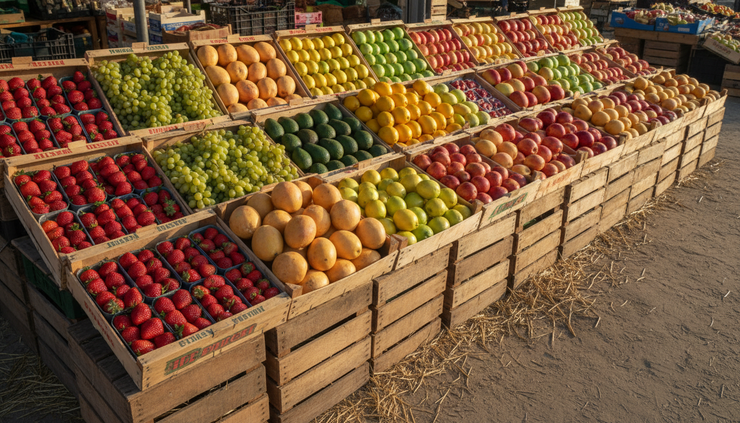 Wide-angle view of neatly packed produce crates at an open-air market stall