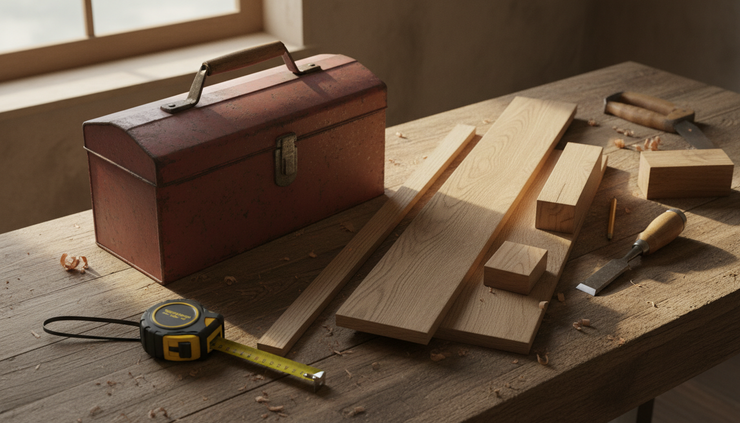 Overhead view of a small toolbox beside neatly arranged measuring tape and timber pieces.