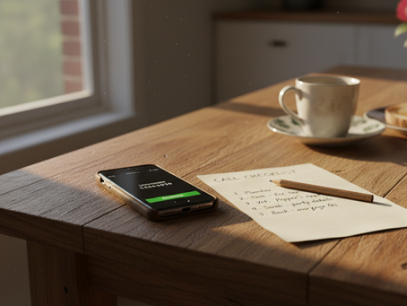 Close-up view of a mobile phone beside a handwritten call checklist.