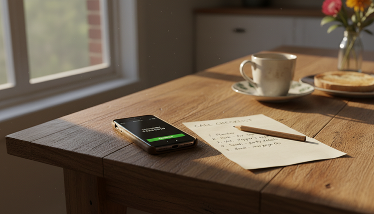 Close-up view of a mobile phone beside a handwritten call checklist.