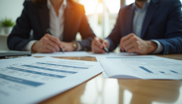 Eye-level view of a real estate agent reviewing mortgage documents with a client