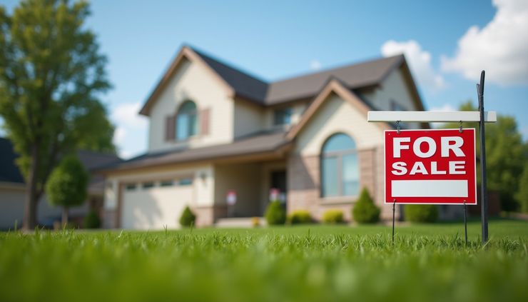 Eye-level view of a residential house with a "For Sale" sign in the front yard