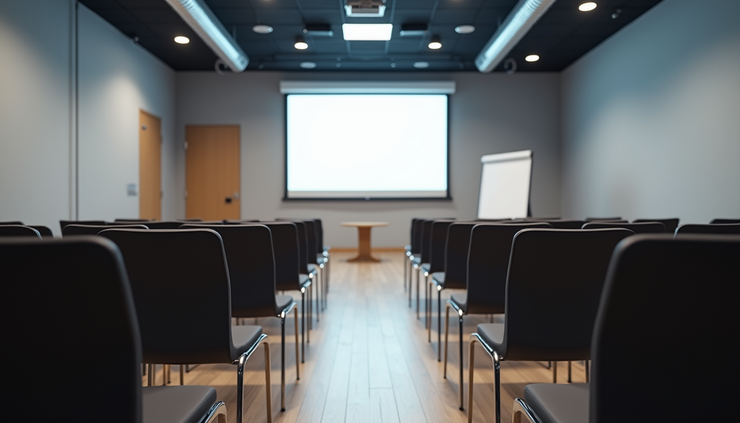 Eye-level view of a training room with empty chairs and a presentation screen ready for a session