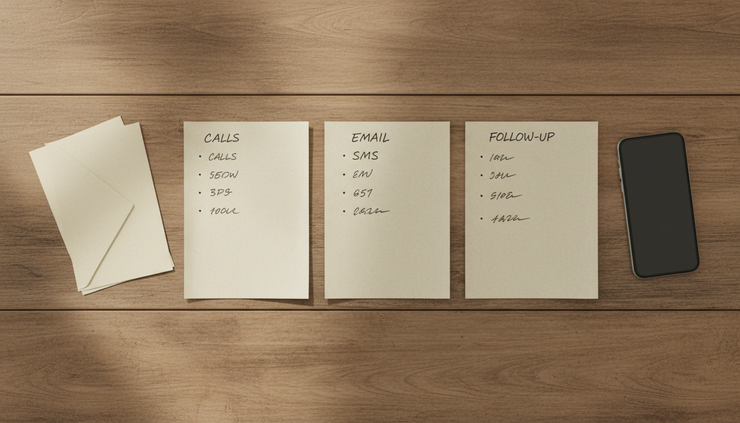 Overhead view of handwritten checklist pages sorted beside envelopes and a mobile phone.