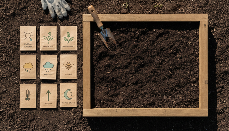 Overhead view of labelled seed packets beside a prepared garden bed