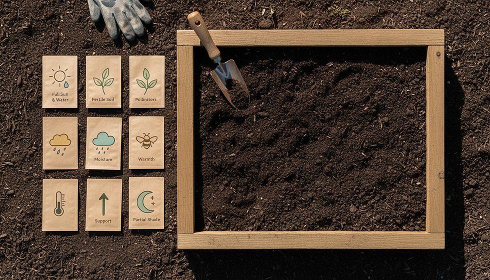 Overhead view of labelled seed packets beside a prepared garden bed