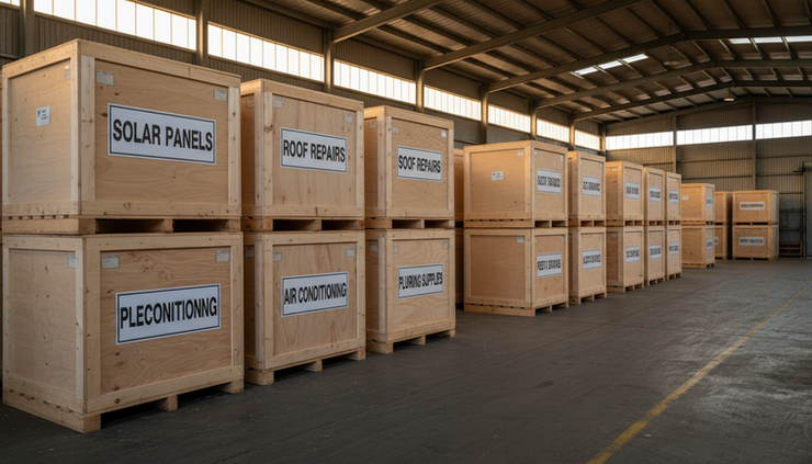 Wide-angle view of labelled timber crates sorted by trade service type