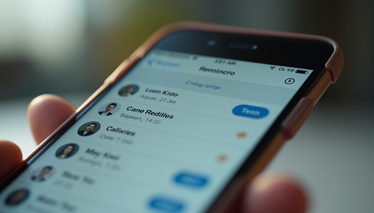Eye-level view of a phone screen showing a contact list with follow-up reminders