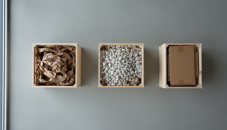 Overhead view of three different sized wooden crates on a concrete floor.